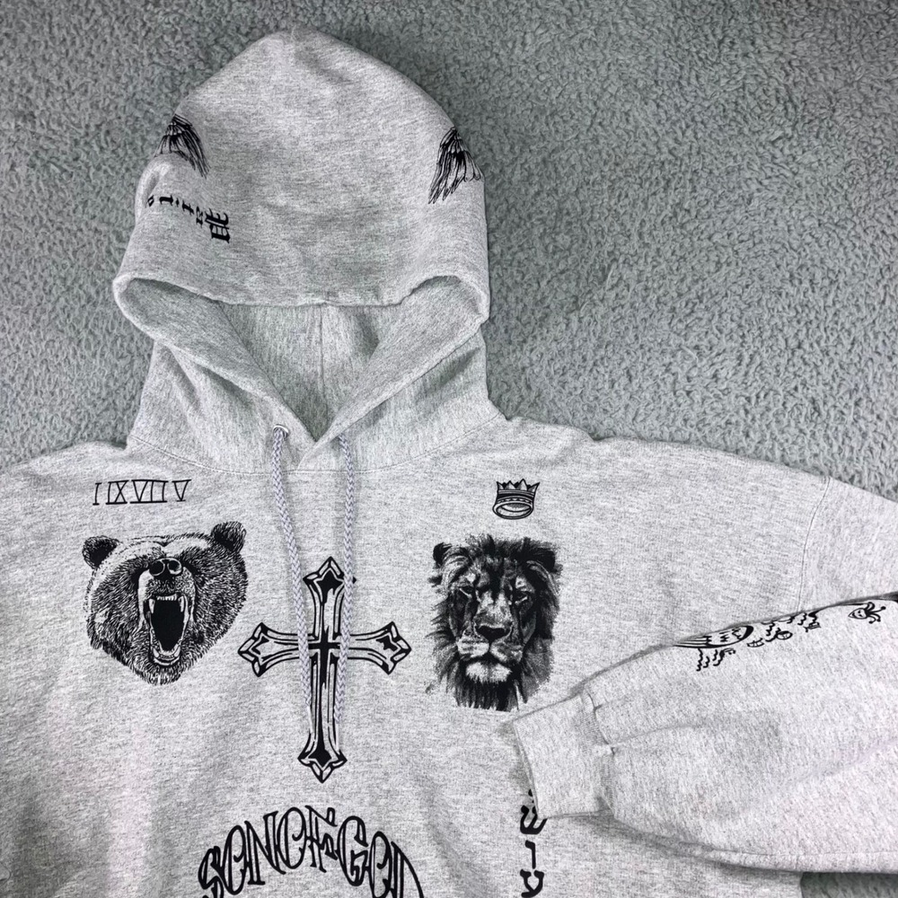 Men 3XL Graphic Tattoo Hoodie Sweatshirt Bear Lion Eagle Cross Son of God Grunge